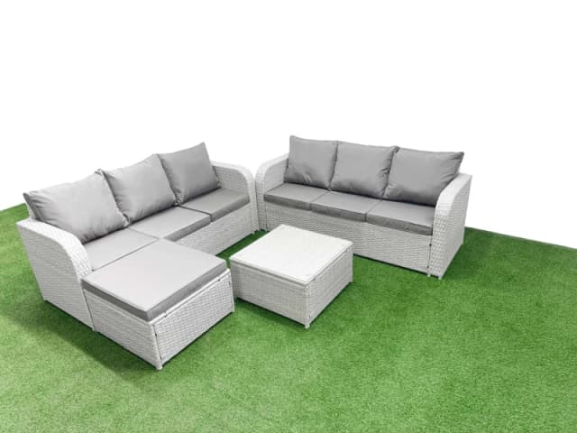 Fimous Outdoor Garden Furniture Sets 7 Seater Wicker Rattan Furniture Sofa Sets with Square Coffee Table high Back Lounge Sofa Big Footstool Light Gre