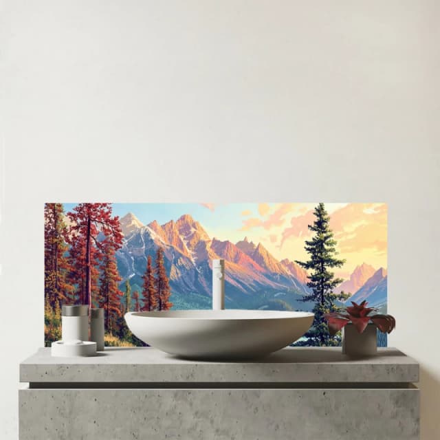 Warren Reed - Designer A Walk Through The Mountains Glass Bathroom Splashback Multicolor Unisex