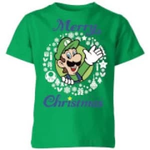 Nintendo Super Mario Luigi Merry Christmas Kid's T-Shirt - Kelly Green - 11-12 Years