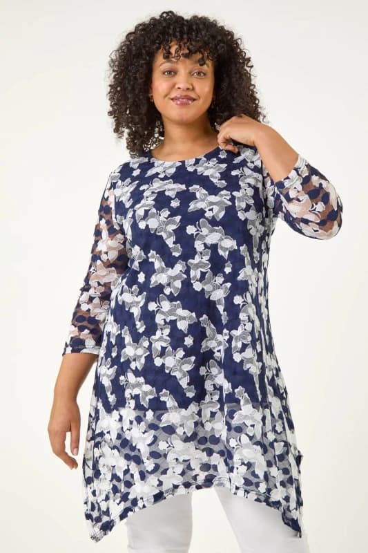 Roman Womens Curve Floral Lace Tunic Top in Navy Size: 26-28 Navy Female 26-28