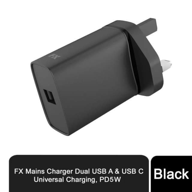 FX FX Mains Charger USB 1A Compatible for USB Devices Black Lightweight & Compact
