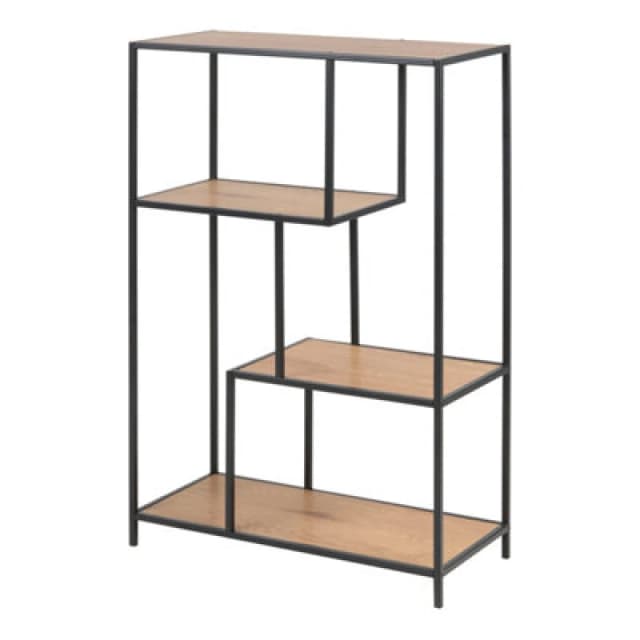 Furniture To Go Seaford Black Metal Asymmetrical Bookcase with 3 Oak Shelves Black