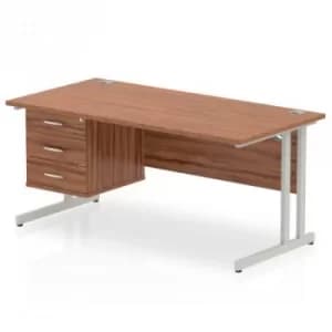 Impulse 1600 Rectangle Silver Cant Leg Desk WALNUT 1 x 3 Drawer Fixed Ped