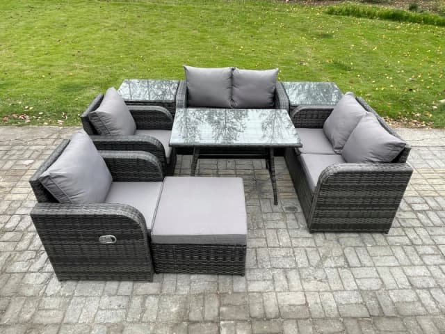 Fimous Wicker PE Rattan Garden Dining Set Outdoor Furniture Sofa with Rectangular Dining Table 2 Side Tables Big Footstool Dark Grey
