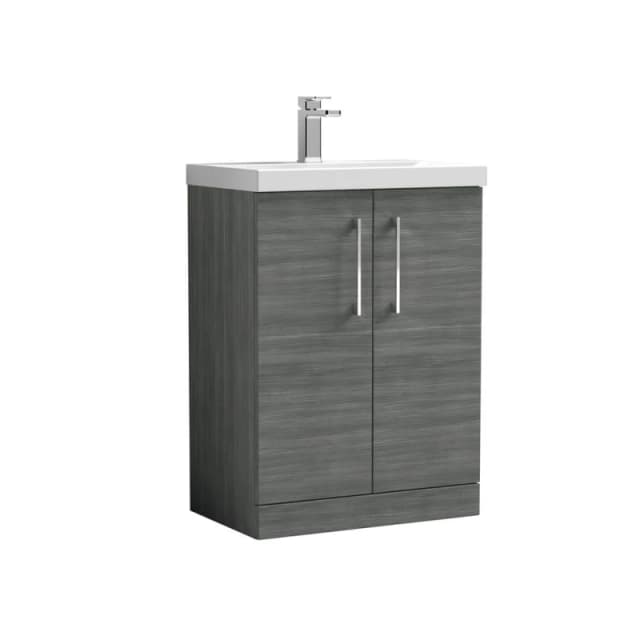 Balterley Contemporary Bathroom Floor Standing 2 Soft-Close Door Vanity Unit & Mid-Edge Ceramic Basin, Anthracite Woodgrain, 600mm in Grey Grey Unisex
