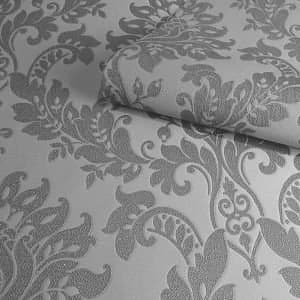Opus Clara Charcoal Damask Metallic effect Embossed Wallpaper