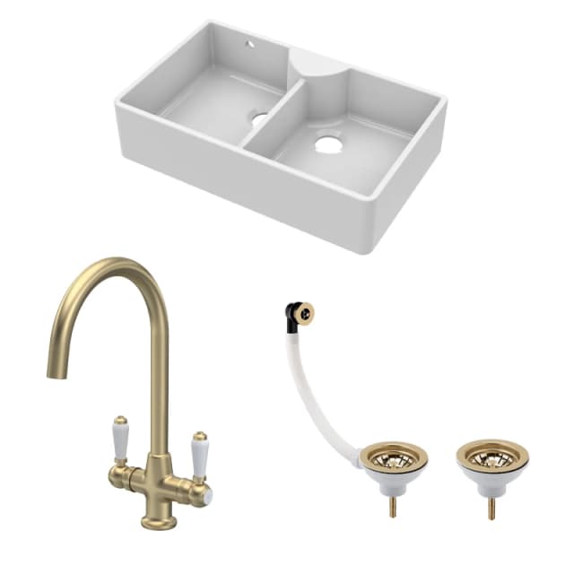 Balterley Fireclay 2 Bowl Stepped Weir Butler Sink Wastes Tap 895mm Bronze