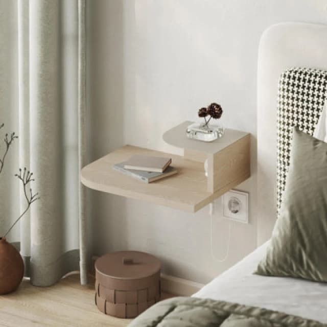 Decortie Floating Bedside Table Modern Corner Design Nightstand 30Cm Wall-Mounted With LED Lamp In 3-Tones For Bedroom, Sonoma Oak