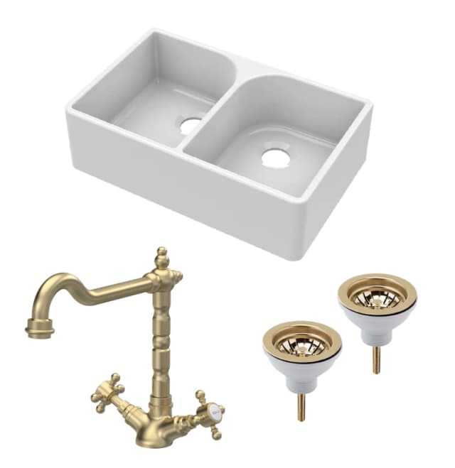 BALTERLEY Balterley - Fireclay Kitchen Bundle - Double Bowl Full Weir Butler Sink No Overflow, Wastes & Classic Tap, 795mm - Brushed Brass BKS210WT13