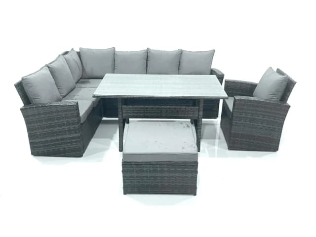 Fimous 8 Seater Garden Rattan Furniture Corner Dining Set with Big Footstool Outdoor Lounge Sofa Set in Dark Grey Dark Grey Unisex