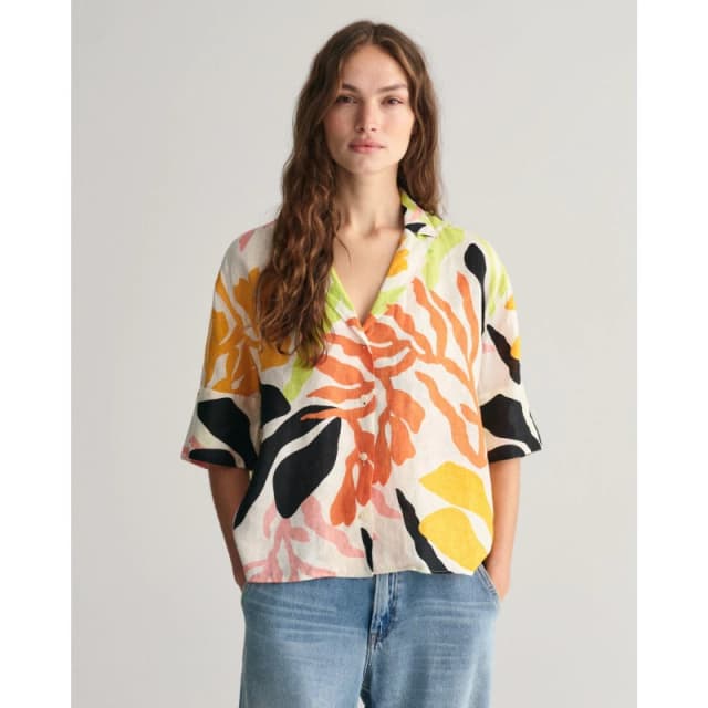 Gant Relaxed Fit Palm Print Linen Short Sleeve Shirt - Multi Multi 8