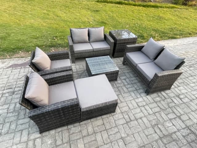 Fimous Rattan Garden Furniture Set 7 Seater Patio Outdoor Lounge Sofa Set with Square Coffee Table Double Seat Sofa Side Table in Dark Grey Dark Grey