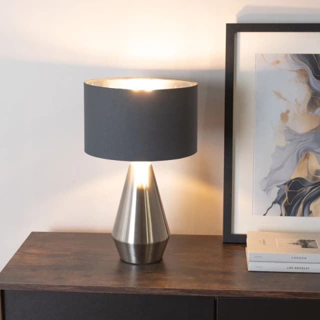 ValueLights ValueLights Jax Chrome Dimmable Touch Table Lamp with Fabric Drum & Chrome Inner Lamp Shade in Charcoal Charcoal One Size Unisex 505940606