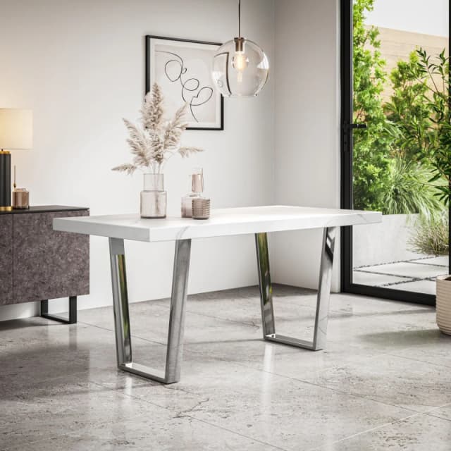 More4Homes Aria 4-6 Seater Dining Table Modern White Marble Effect Table Top W Chrome Legs