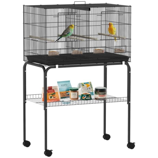 PawHut Bird Cage with Divider, 4 Wooden Perches, Slide Out Tray, Black D10-106V01BK