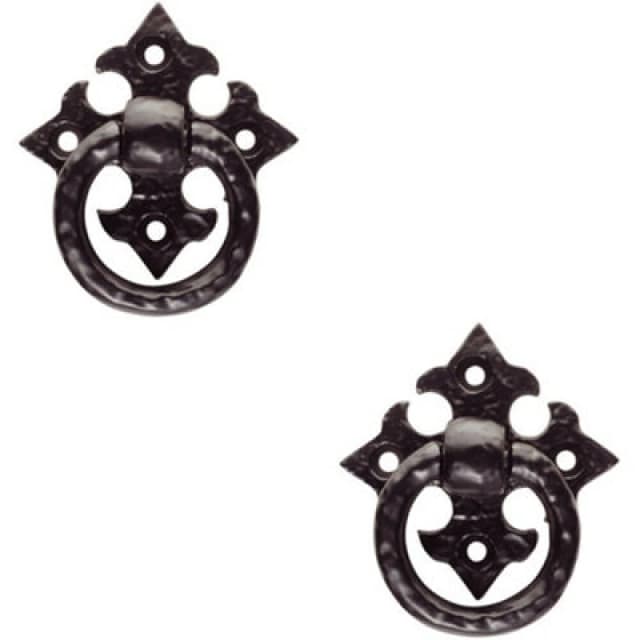 Loops 2x Ornate Cabinet Ring Pull on Cross Backplate 35mm Fixing Centres Black Antique Black