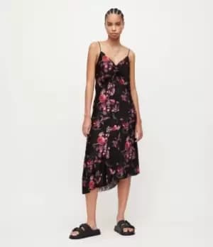 AllSaints Womens Alexia Soleil Silk Blend Dress, Black/Pink, Size: 6