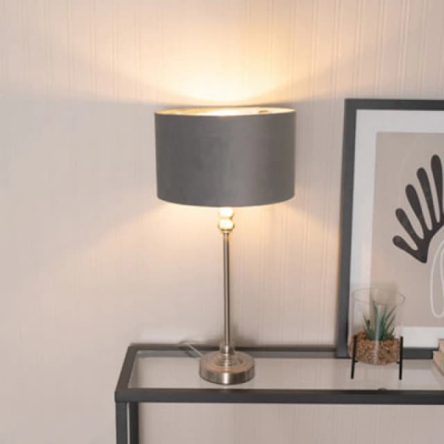 ValueLights ValueLights Maggie Chrome Candlestick Table Lamp with Grey Velvet and Chrome Lamp Shade Grey One Size Unisex 5059406061660