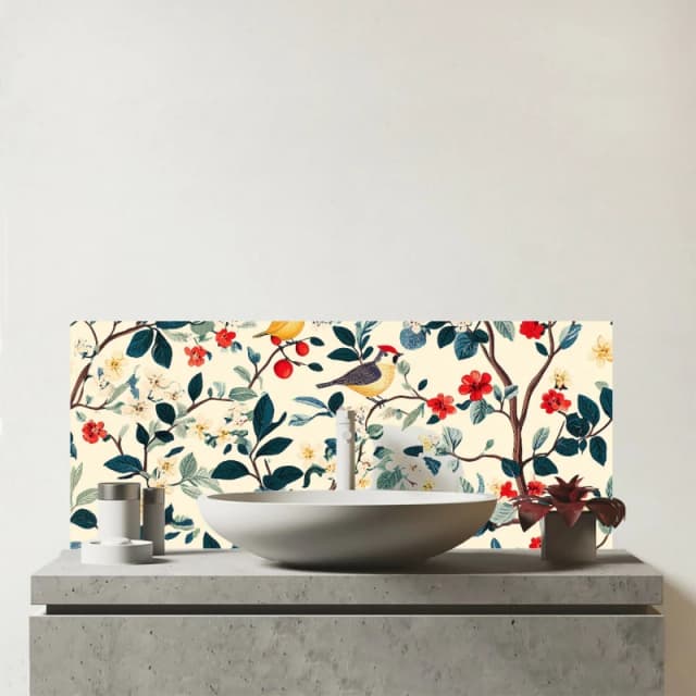 Warren Reed - Designer Chirping Away In The Trees Glass Bathroom Splashback Multicolor Unisex