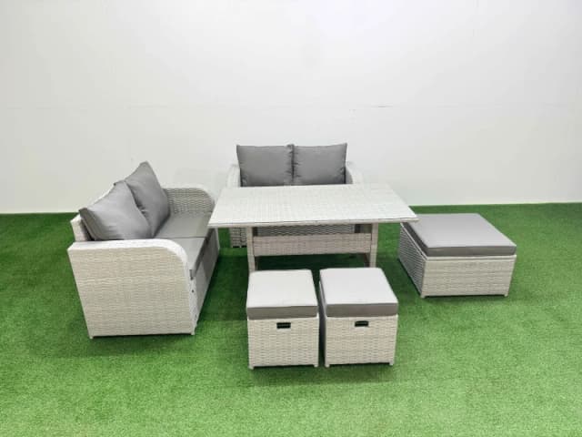 Fimous 7 Seater Outdoor Love Sofa Set Rattan Garden Furniture Set with Rectangular Dining Table 3 Footstool Light Grey Light Grey