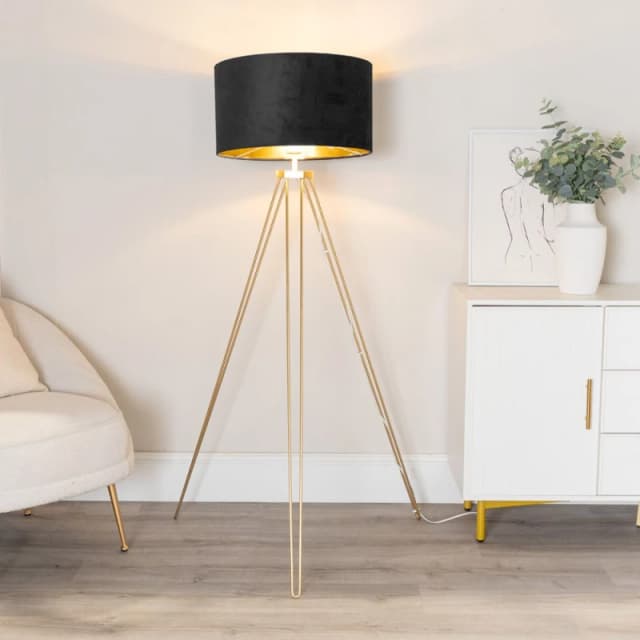 ValueLights ValueLights Aero Hairpin Gold Tripod Floor Lamp with Velvet and Gold Drum Lamp Shade in Black One Size Unisex 5059406060915
