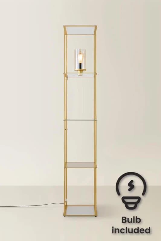 ValueLights Gobie Metal Frame with Glass Storage Shelf Floor Lamp with LED Bulb Gold