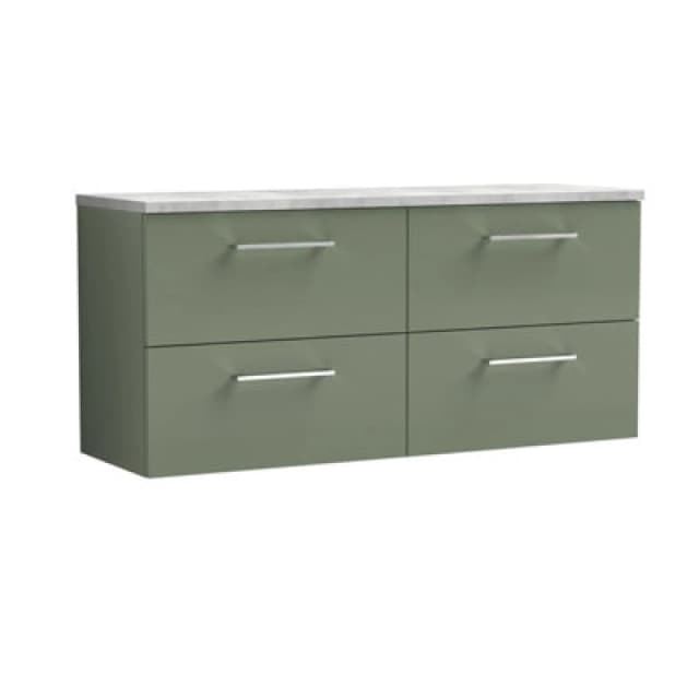 Nuie Arno Wall Hung 4-Drawer Vanity Unit With Laminate Worktop In Bellato Grey, Premium Counter Top Vanity Unit In Satin Green