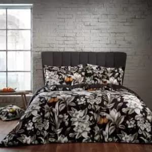 Lavish Floral Printed Piped Cotton Sateen Duvet Cover Set Noir, Noir / Double