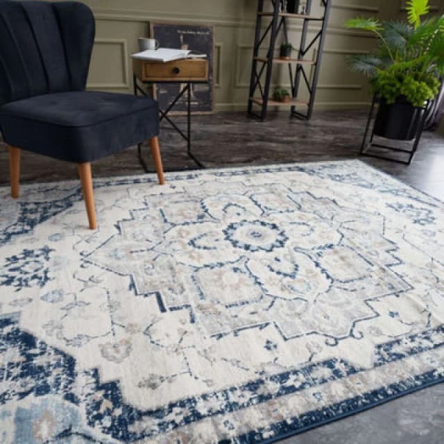 The Rugs Montana Navy Cream Oriental Area Rug And Runner Soft Durable Pet Friendly Easy To Clean Living Room Bedroom 4000