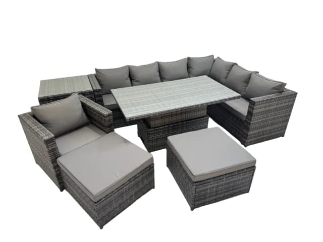 Fimous 9 Seater Rattan Corner Sofa Sets with Chair 2 Big Stools Side Table in Dark Grey Dark Grey Unisex