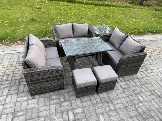Fimous Rattan Garden Furniture Set 8 Seater Patio Outdoor Love Sofa Set with Rectangular Dining Table Side Table 2 Small Footstools Dark Grey