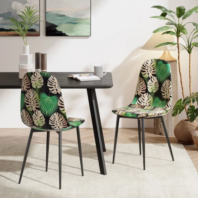 Vonhaus Dining Chairs Set Of 2, Tropical Palm Leaf Print Kitchen Chairs With Black Metal Legs, Velvet Pair Of Chairs For Dining