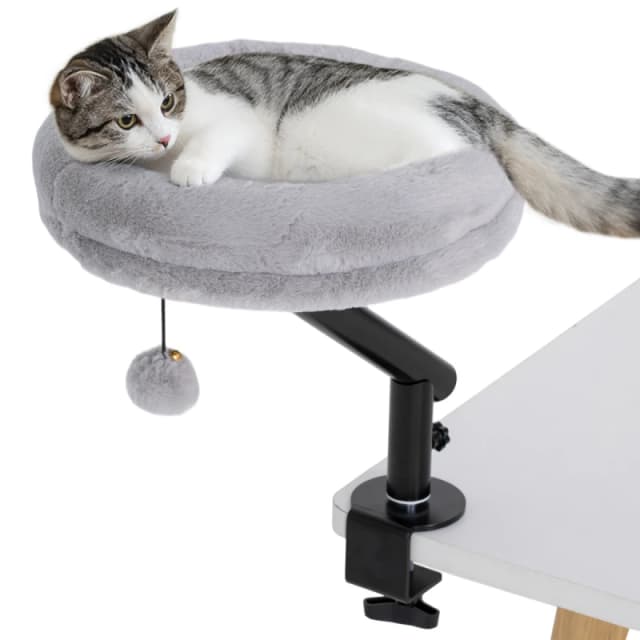PawHut Cat Bed for Desk, 360? Rotatable Adjustable Cat Nest Hammock, Grey D30-947V70GY