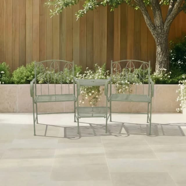 Charles Bentley Sage Green Leaf Design Rustic Metal Garden Companion Seat