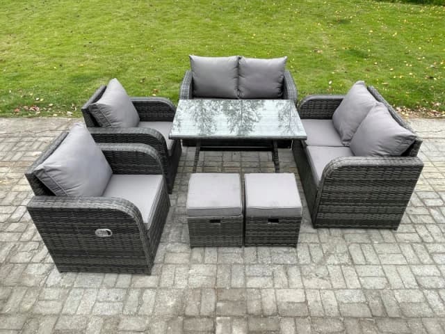 Fimous Wicker PE Rattan Garden Dining Set Outdoor Furniture Sofa with Rectangular Dining Table 2 Small Footstool Dark Grey Mixed Dark Grey