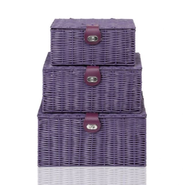 Arpan Set Of 3 Resin Woven Storage Basket Box With Lid & Lock (Purple)