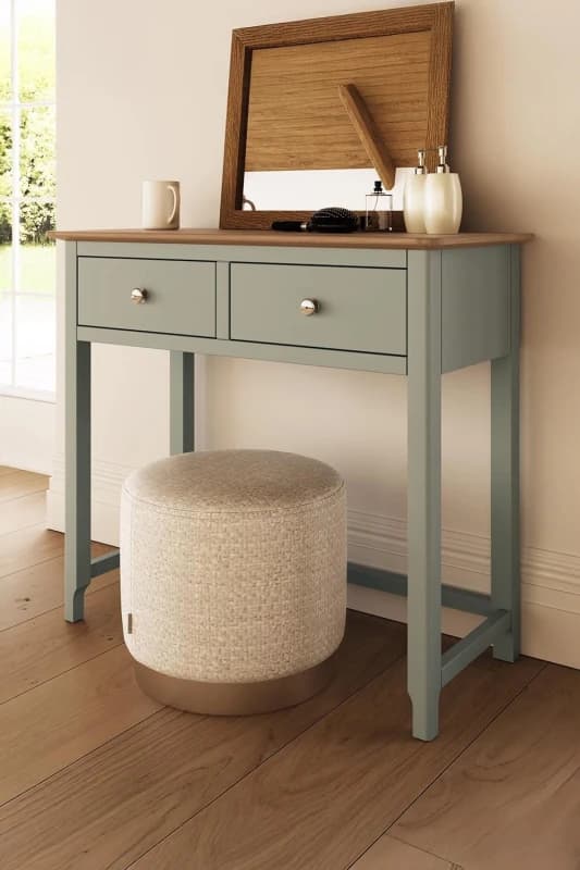 FWStyle Solid Oak 2 Drawer Sage Green Dressing Table Large Bedroom Furniture Modern Green
