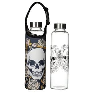 Skulls & Roses Reusable Glass Water Bottle with Sleeve and Handle