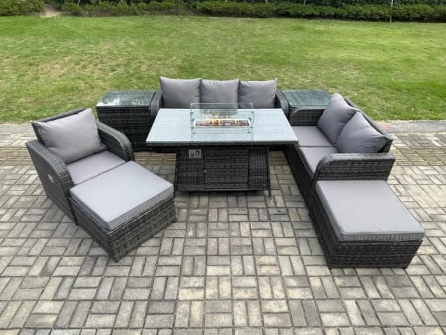 Fimous Garden Patio Furniture Wicker Rattan Gas Fire Pit Table and Sofa Chair set with 2 Side Tables 2 Big Footstool Dark Grey