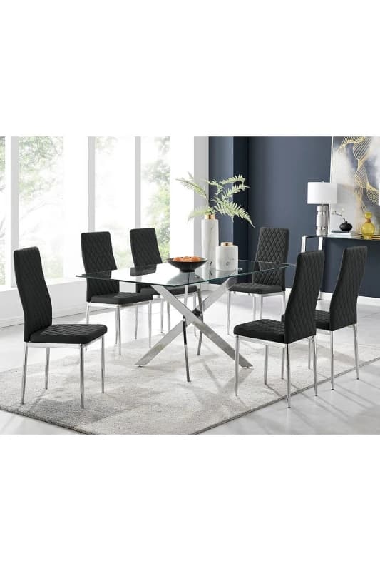 FurnitureboxUK FurnitureboxUK Leonardo Glass And Chrome Metal Dining Table And 6 Milan Chairs Dining Set in Black One Size Unisex 5056542634635