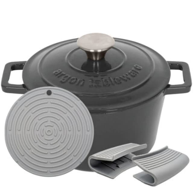 Argon Tableware Round Cast Iron Casserole Dish - 2.8L Slate Grey Enamel Finish, Oven Safe Dutch Oven Cookware With Lid