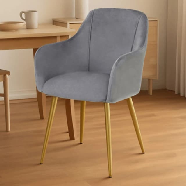 Orsina Grey Velvet Dining Chair, Mid-Century Modern Velvet Dining Chair, Stylish Grey And Gold Dining Chair