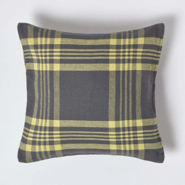 Homescapes Grey & Yellow Tartan Pattern Cushion Cover, 45 X 45 Cm
