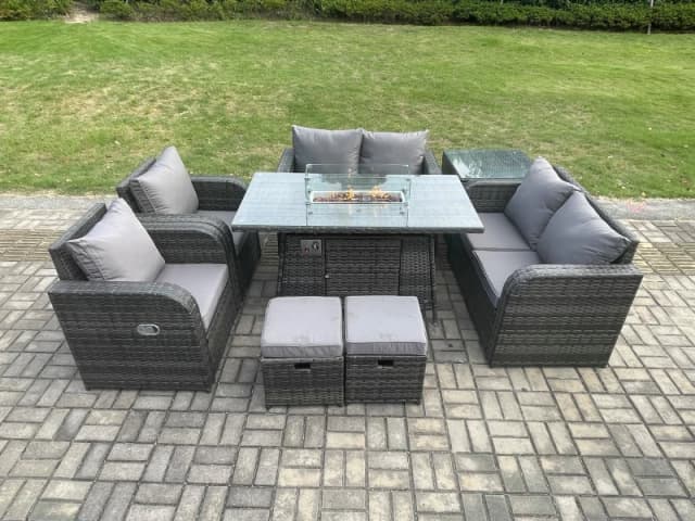 Fimous 8 Seater Rattan Garden Furniture Set Propane Gas Fire Pit Table and Sofa Chair set with Side Tables 2 Small Footstools Dark Grey