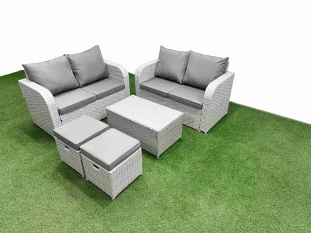 Fimous 6 Seater Outdoor Love Sofa Set Rattan Garden Furniture Set with Rectangular Coffee Table 2 Small Stools Light Grey Light Grey