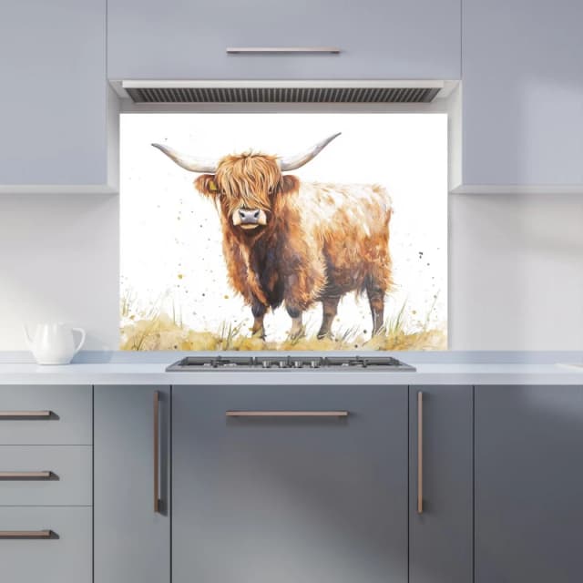 Warren Reed - Designer Watercolour Highland Cow Kitchen Splashback in Brown Size: 900mm x 650mm Brown Unisex 900mm x 650mm