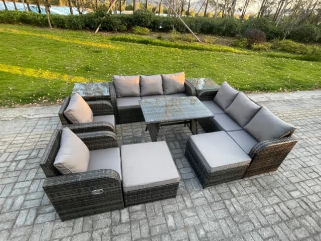 Fimous Outdoor Lounge Sofa Set Wicker PE Rattan Garden Furniture Set with Rectangular Dining Table 2 Side Tables 2 Big Footstool Dark Grey Mixed Dark