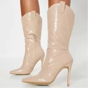 I Saw It First Western Detail Stiletto Mock Croc Faux Leather Ankle Boots - Neutral
