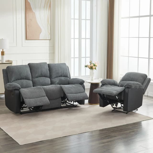 FURNITURE ONE Manual Reclining Sofa Set, Corduroy Fabric Sofa Suite - 1+3 Sofa Set in Grey Size: 1 Pack Grey Unisex 1 Pack