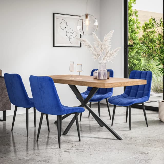 More4Homes Donni Dining Table And Chairs - Oak Effect Table Top W Black Legs + Nova Velvet Dining Chair Set Of 4 (Blue)